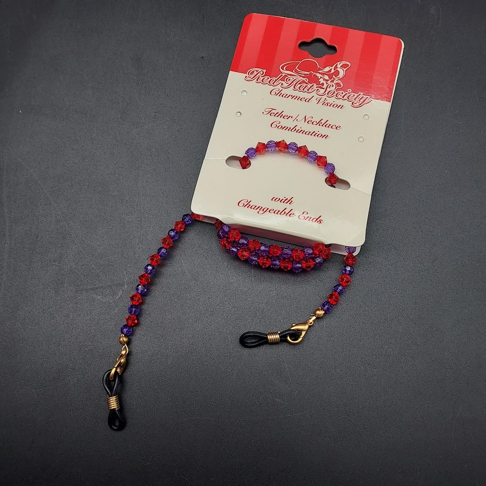 Red Hat Society Eye Glass Chains Purple Pink Faceted Beads Eyewear Accessory NOS - Picture 9 of 10